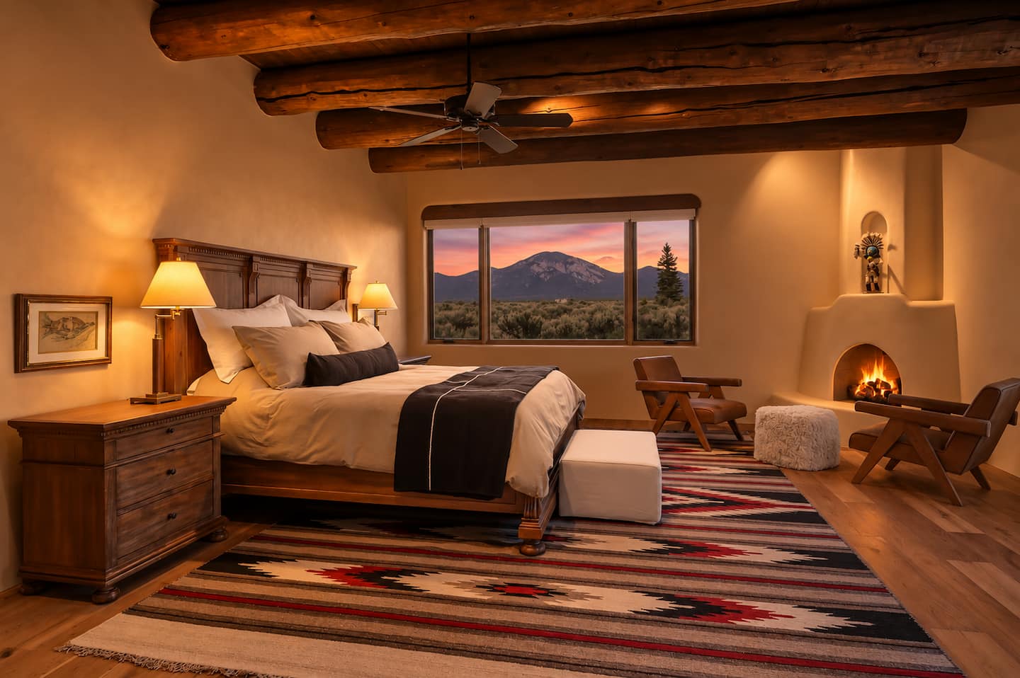 King bedroom with a kiva fireplace, wooden ceiling and courtyard views